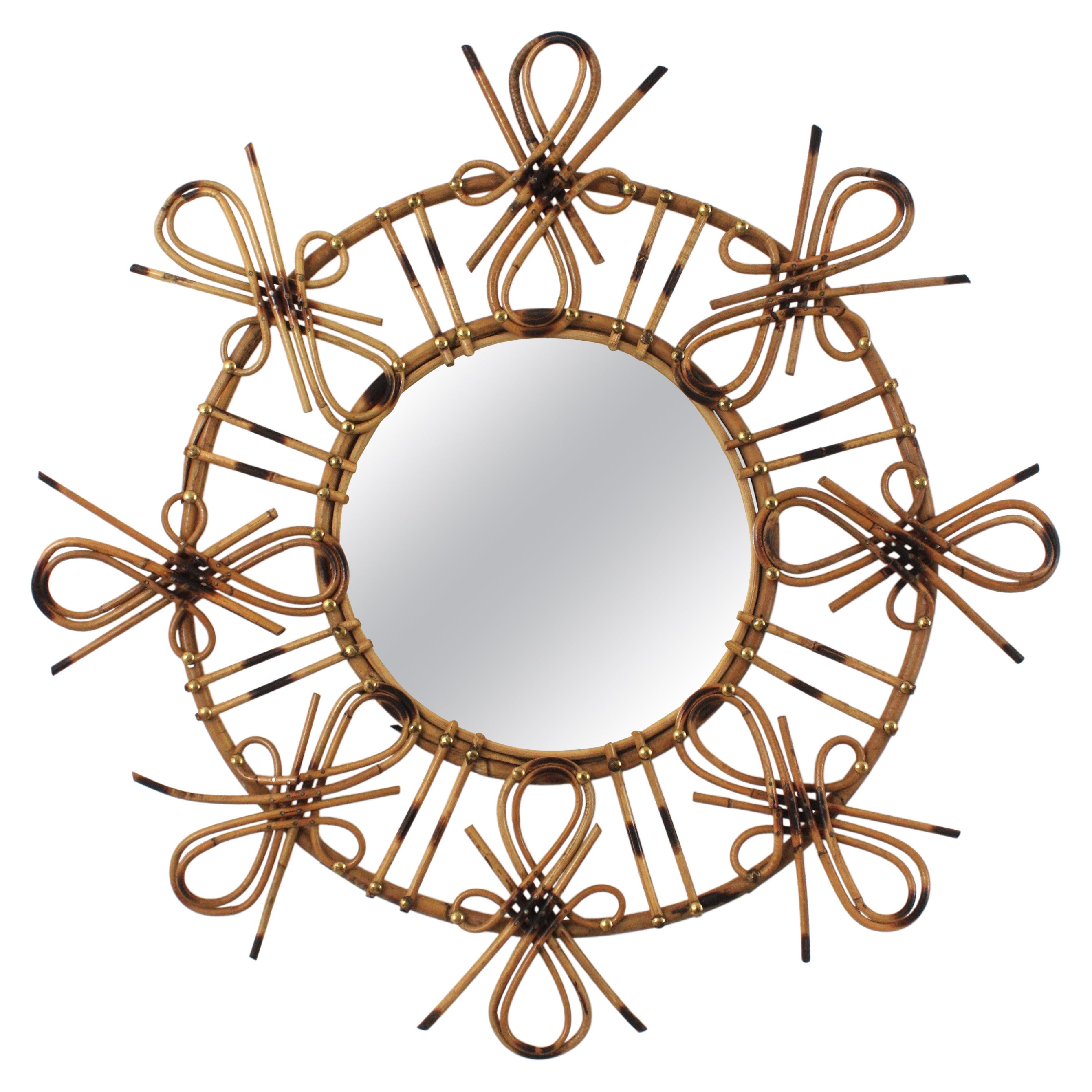 Rattan Sunburst Mirror with Chinoiserie Motif, 1950s