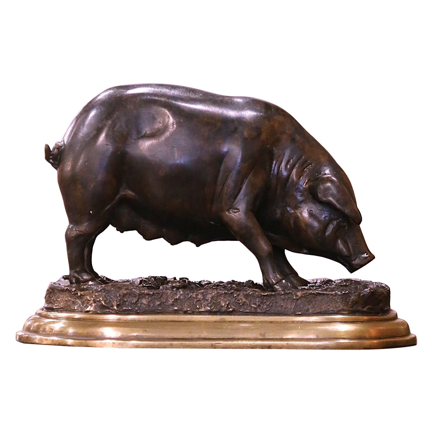 Escultura de cerdo de bronce patinado francés del siglo XIX Firmada Jules Moigniez