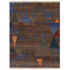 Rug & Kilim's Moroccan Style Rug, Brown with Blue Tribal Geometric Patterns