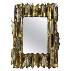 Brutalist Torch-Cut Brass Wall Mirror in the Manner of Tom Greene, 1970s