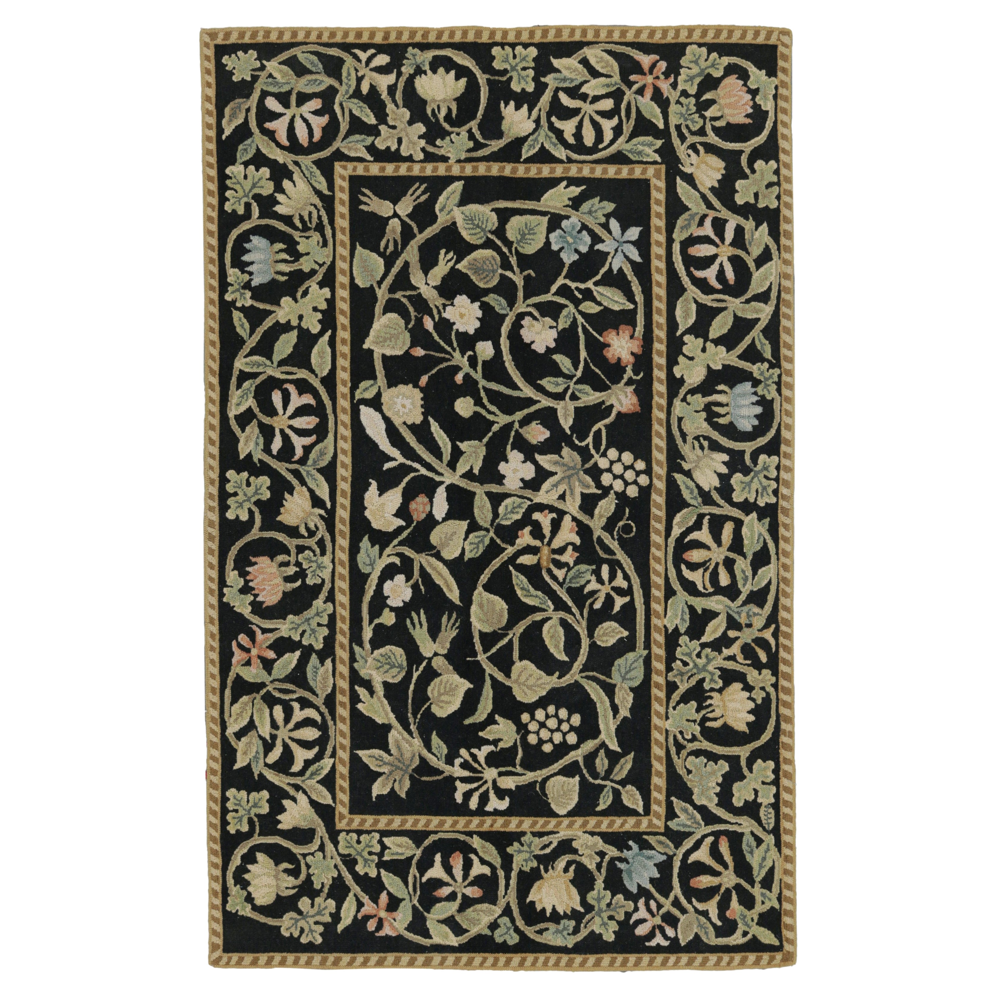 Rug & Kilim’s European Tudor Style Rug in Black with Green and Beige Florals For Sale