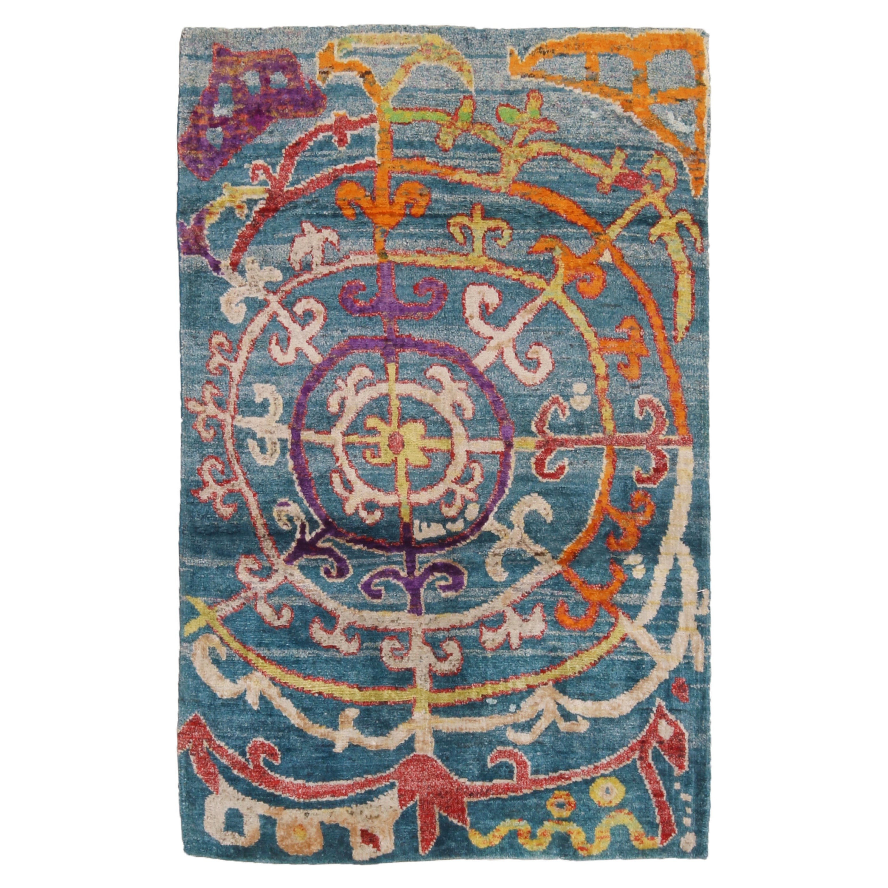 Rug & Kilim's Modern Rug in Blue with Polychromatic Geometric Patterns (tapis moderne bleu à motifs géométriques polychromes)