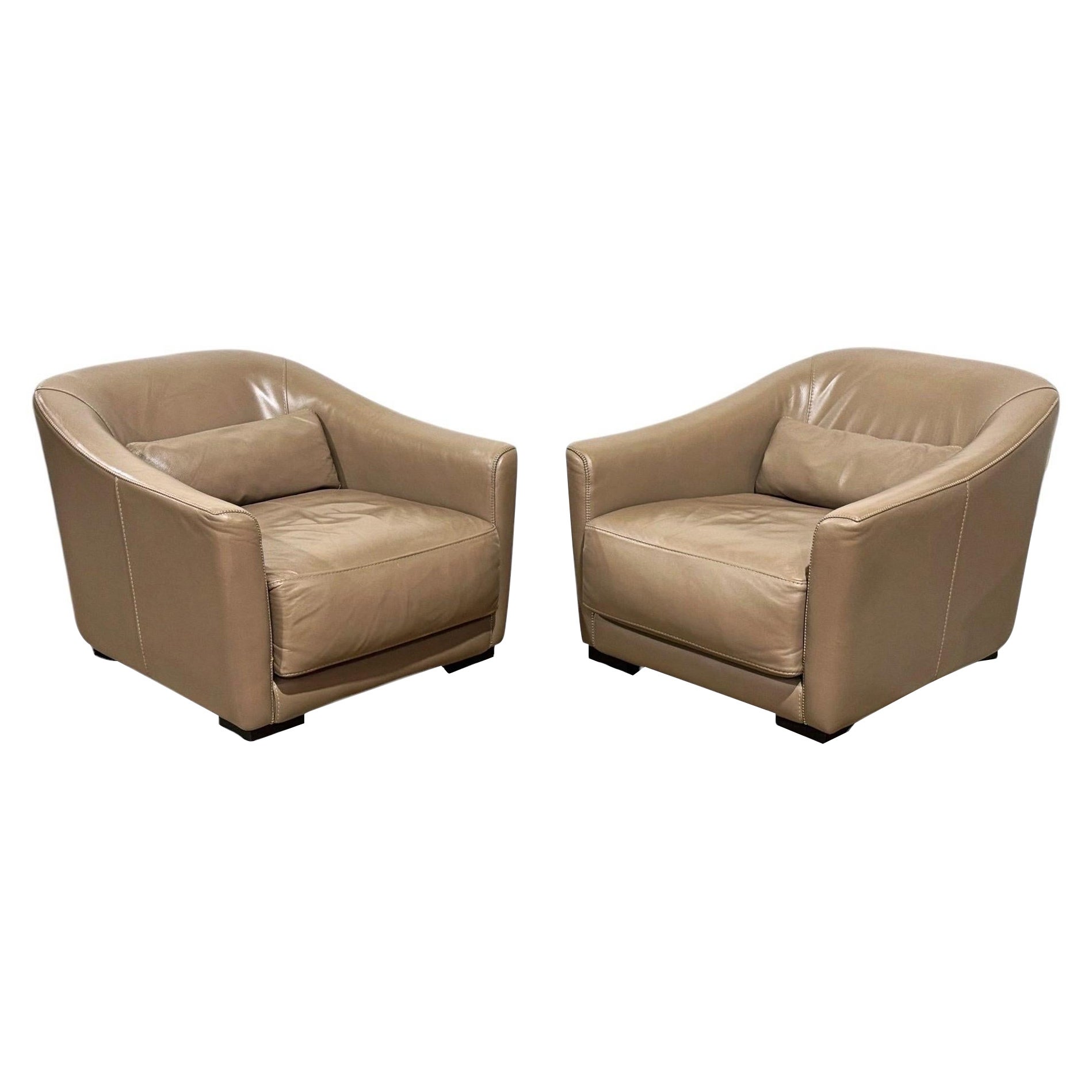 Pair Vintage Roche Bobois Gray Leather Club Lounge Chairs - Art Deco Streamline