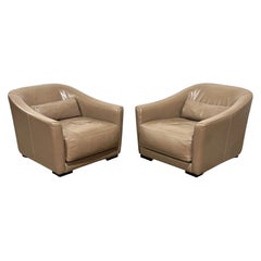Pair Vintage Roche Bobois Gray Leather Club Lounge Chairs - Art Deco Streamline
