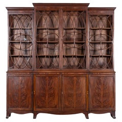 Large English Flame Mahogany Breakfront Bookcase