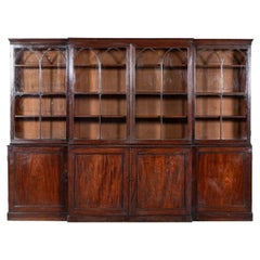 Monumental English Early 19thC Astral Arch Glazed Mahogany Breakfront Bookcase