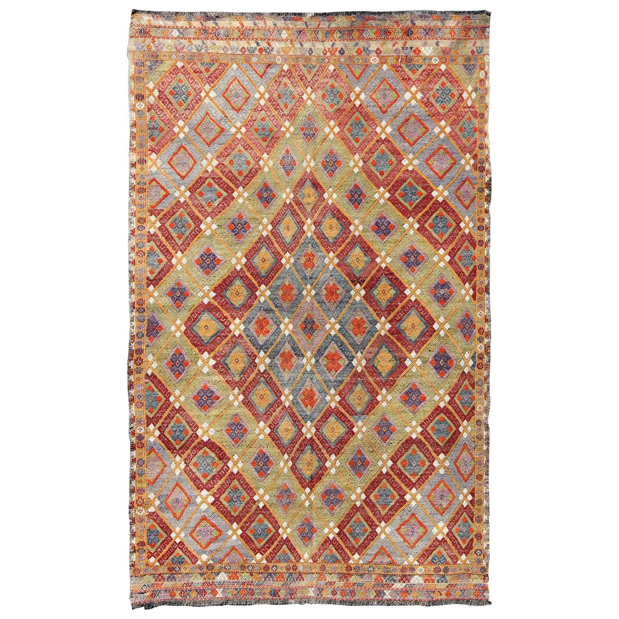 Colorful Kilim/Jijim with Diamonds in Light Green, Light Blue and Red For Sale