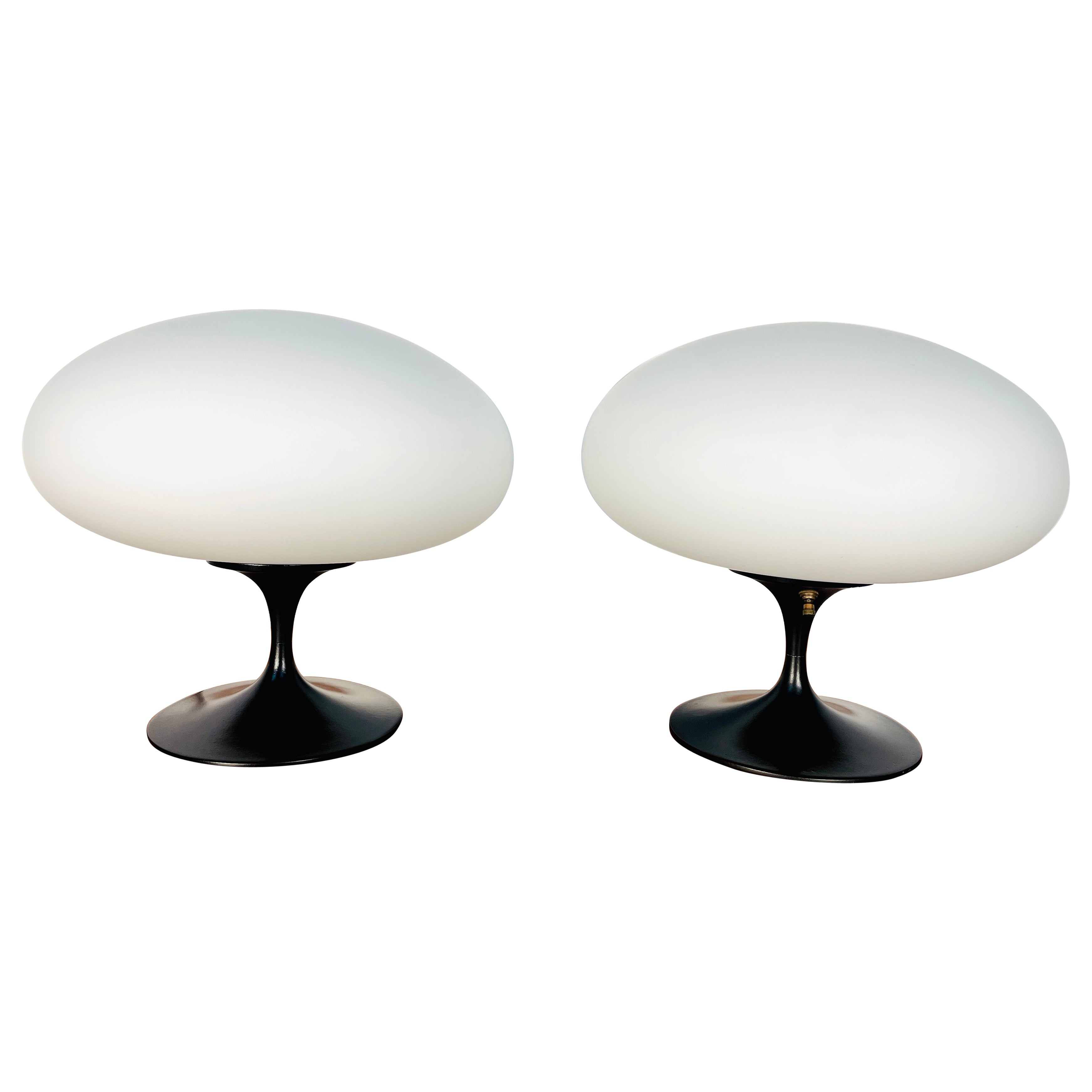 Pair of Laurel table lamps with milk glass mushroom shades and black enamel