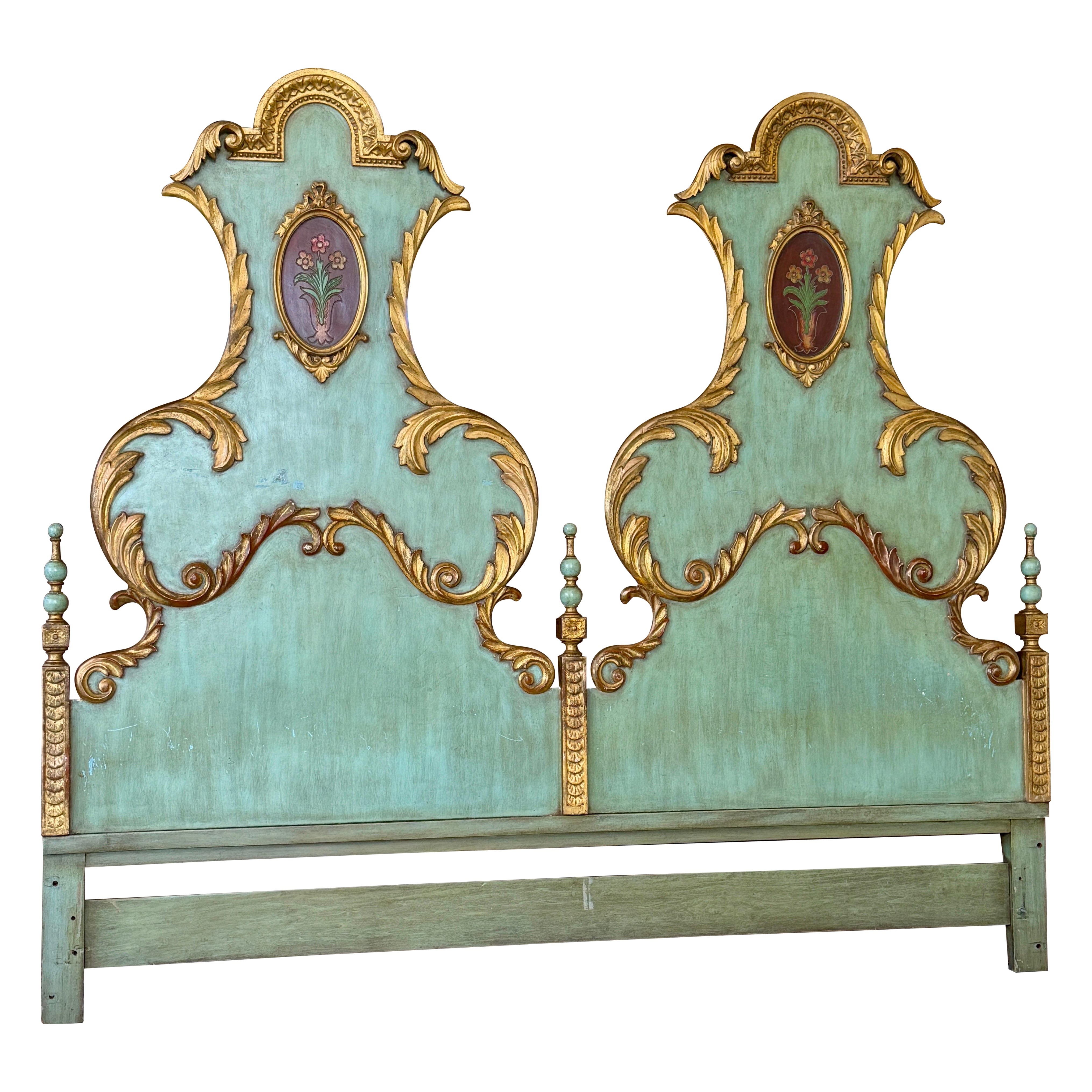 Antique Polychrome Baroque Gilt Venetian-Style Carved Wood King Headboard