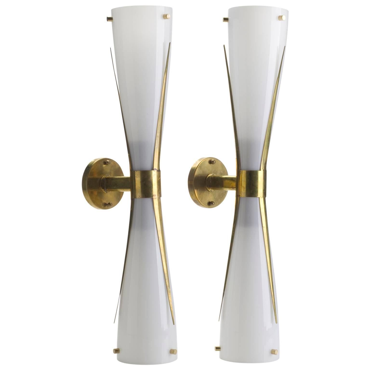 Pair of Italian, Mid-Century Modern Style, Murano Glass and Brass Wall Lights
