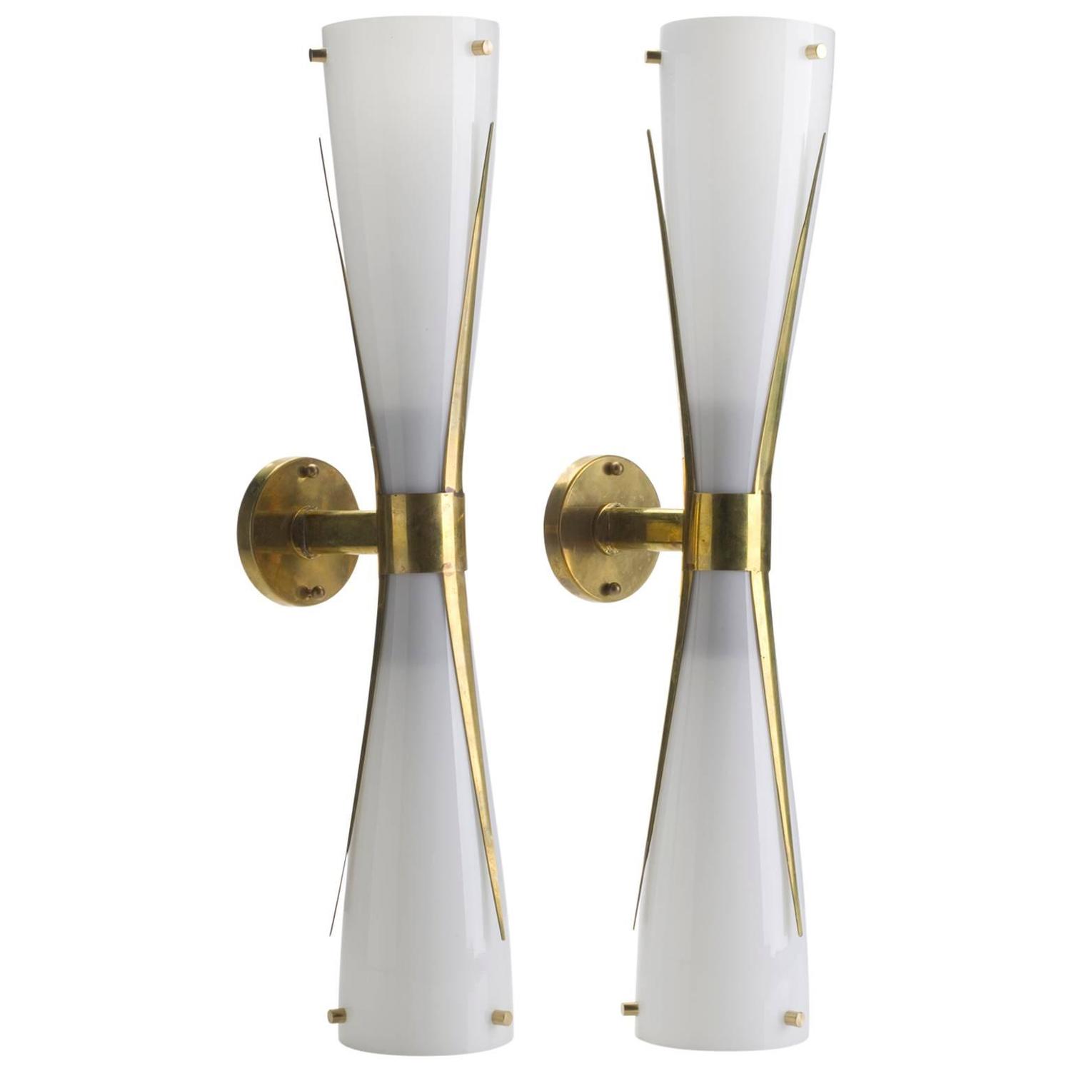 Pair of Italian, Mid-Century Modern, Murano Glass and Brass Wall Lights at 1stdibs