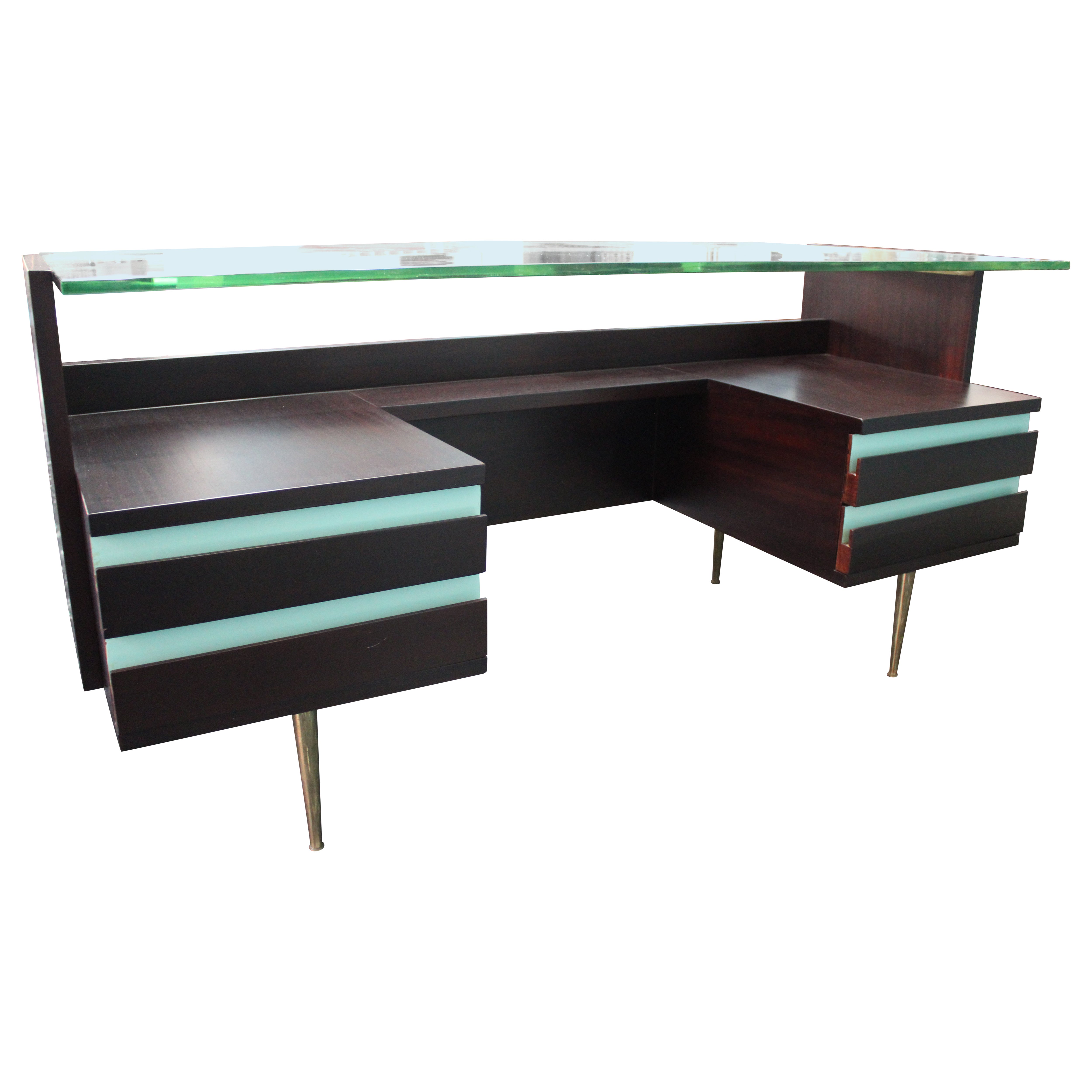 Scrivania Mid-century Legno Ottone e Laminato Piano in Cristallo Gio Ponti style