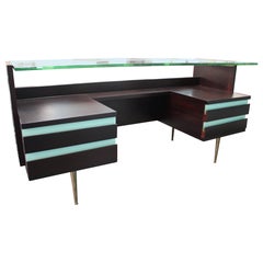 Scrivania Mid-century Legno Ottone e Laminato Piano in Cristallo Gio Ponti style