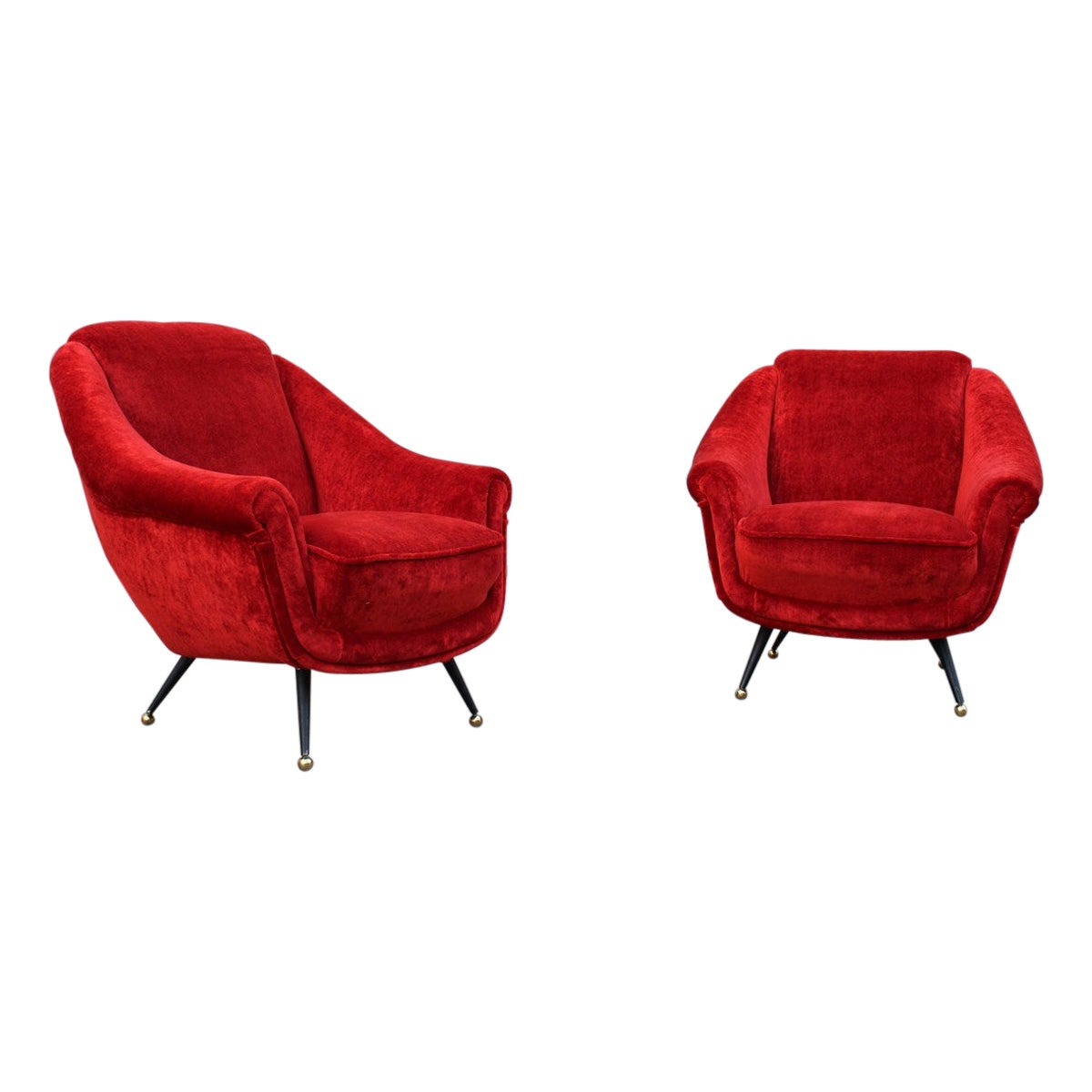 Pair of Framar 1950s Italy Armchairs Metal and Brass Feet Red Fabric