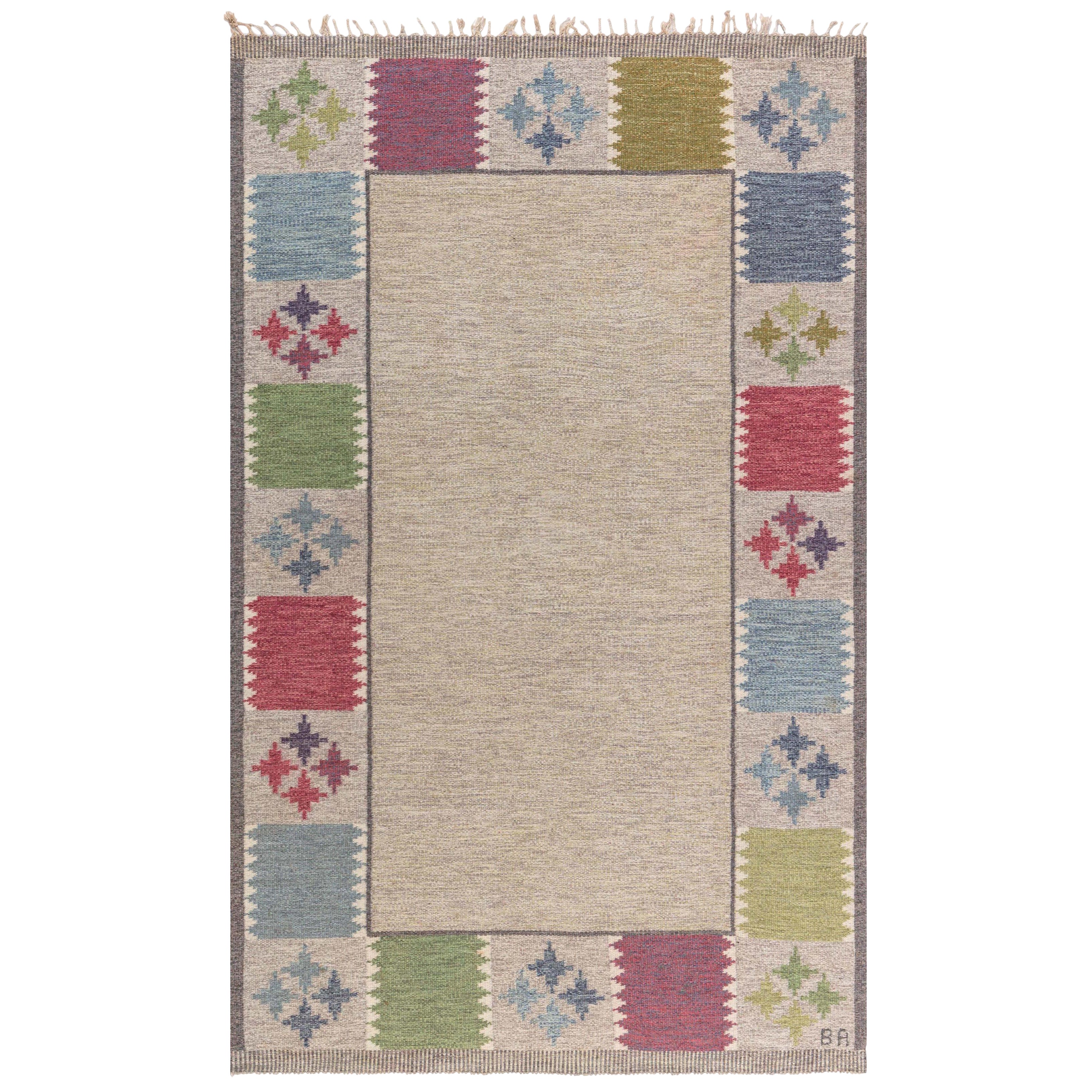 Doris Leslie Blau Vintage Swedish Flat Weave Rug by Bitte Ahlgren, Signed "BA"
