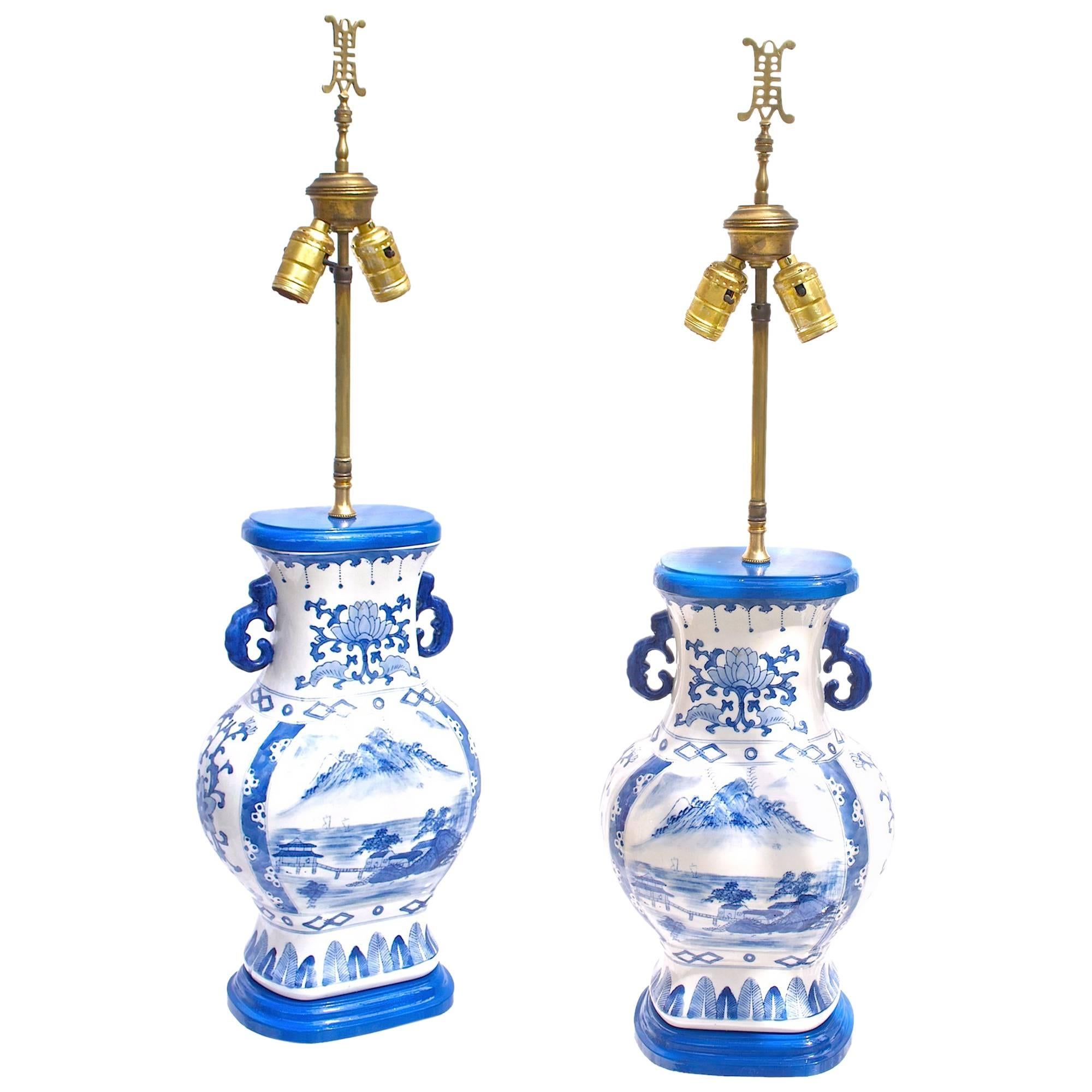 Delft Blue Lamp Pair For Sale
