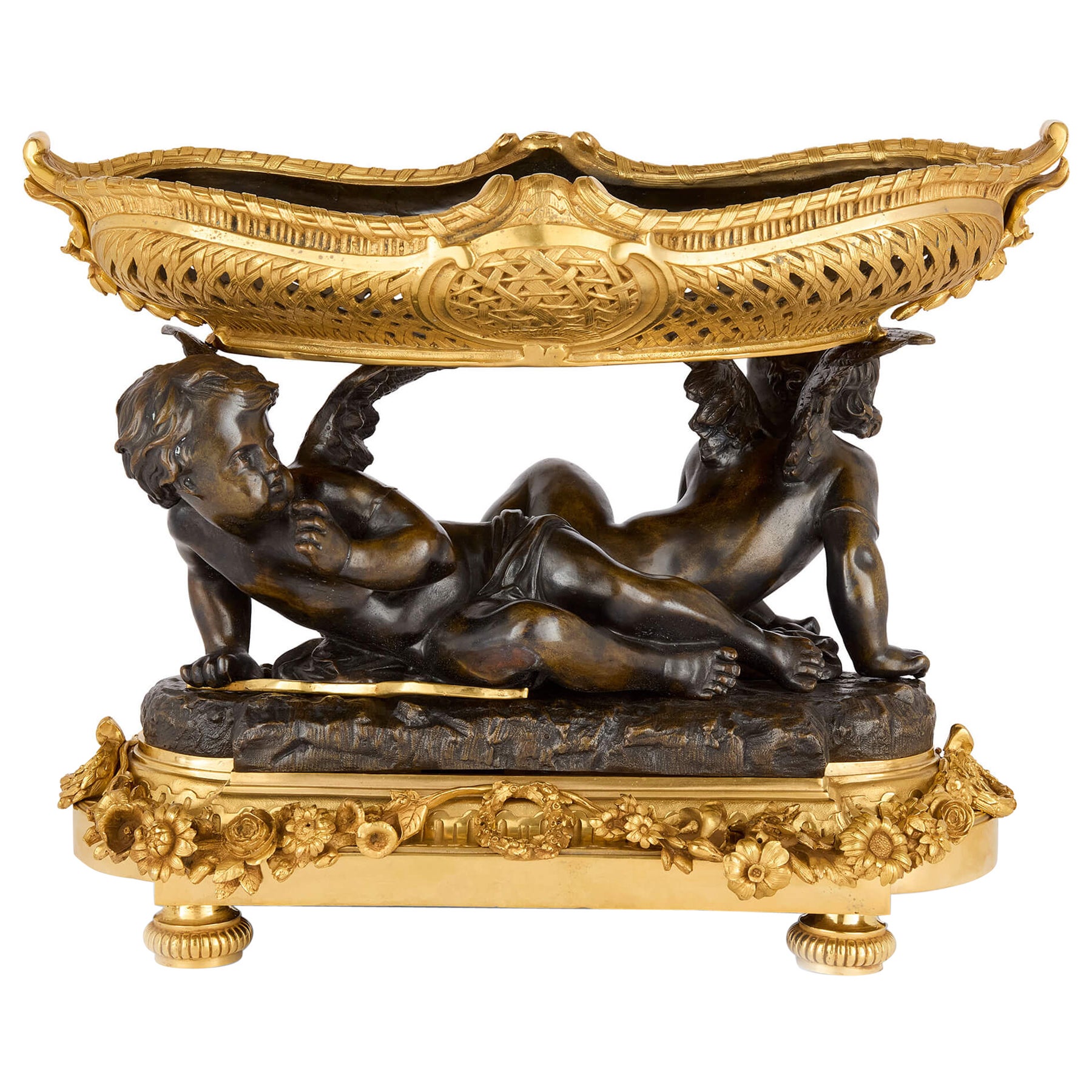 Centro de mesa antiguo de querubín dorado y bronce patinado de Moreau en venta