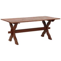 American Primitive Scrubbed Pine Painted Trestle Farm Table, 20th Century 3