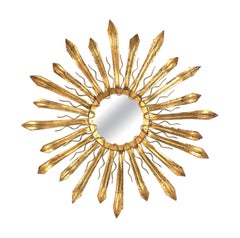 Brutalist Sunburst Mirror in Gilt Metal, Spain 1950s