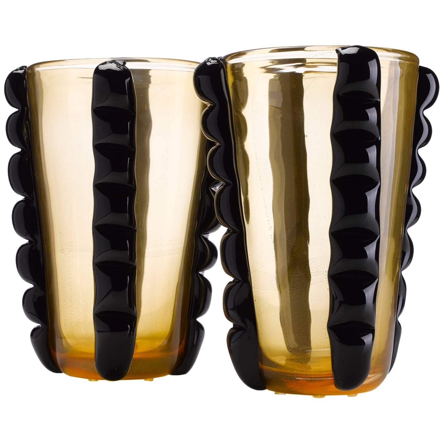 Pair of Signed Pino Signoretto Gold and Black Vases