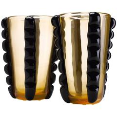 Pair of Signed Pino Signoretto Gold and Black Vases