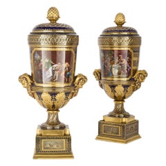Pair of Large Jewel-Toned Painted Porcelain Vases by Royal Vienna
