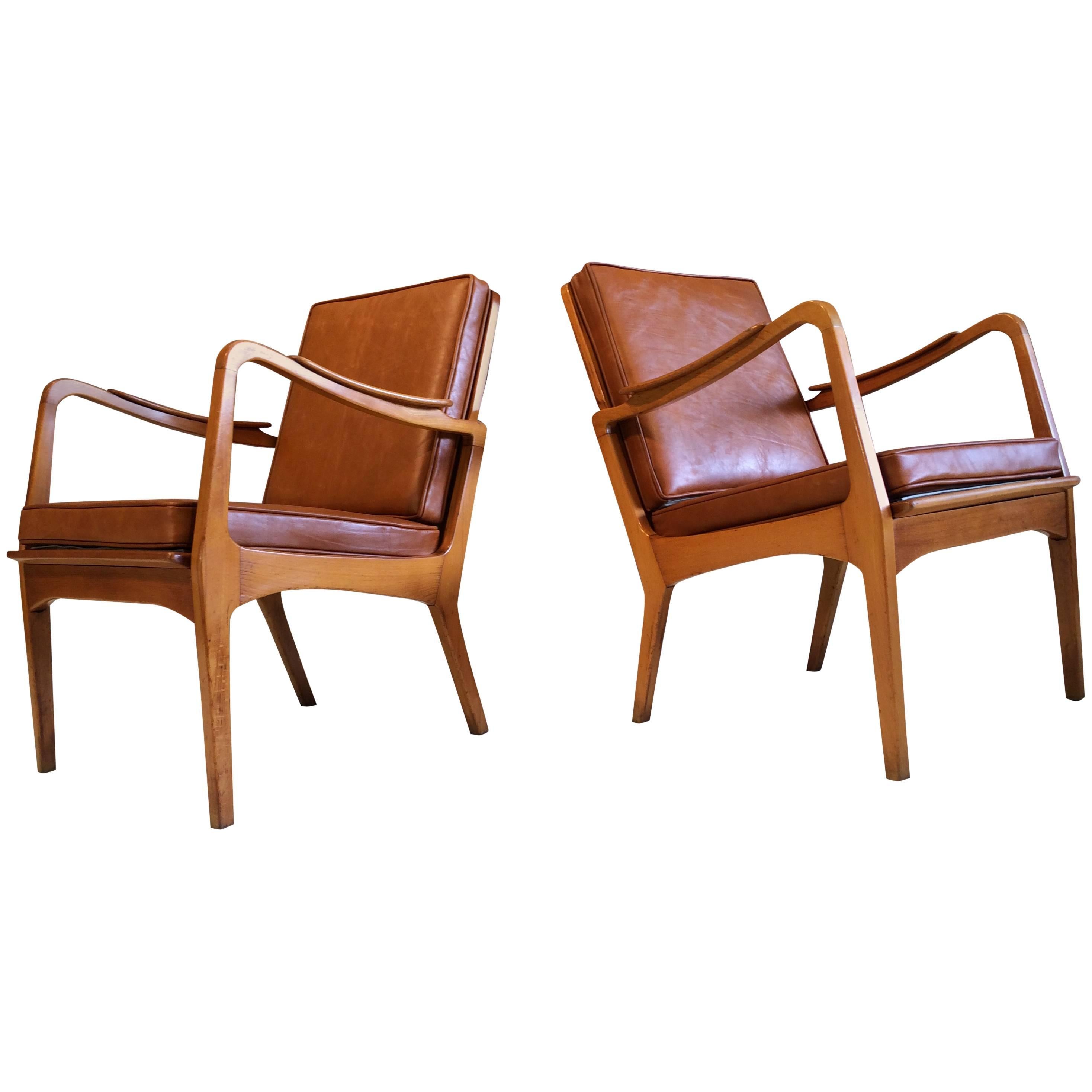 Beautiful Pair of Danish Armchairs, Denmark, 1950s Birch and Cognac Leather