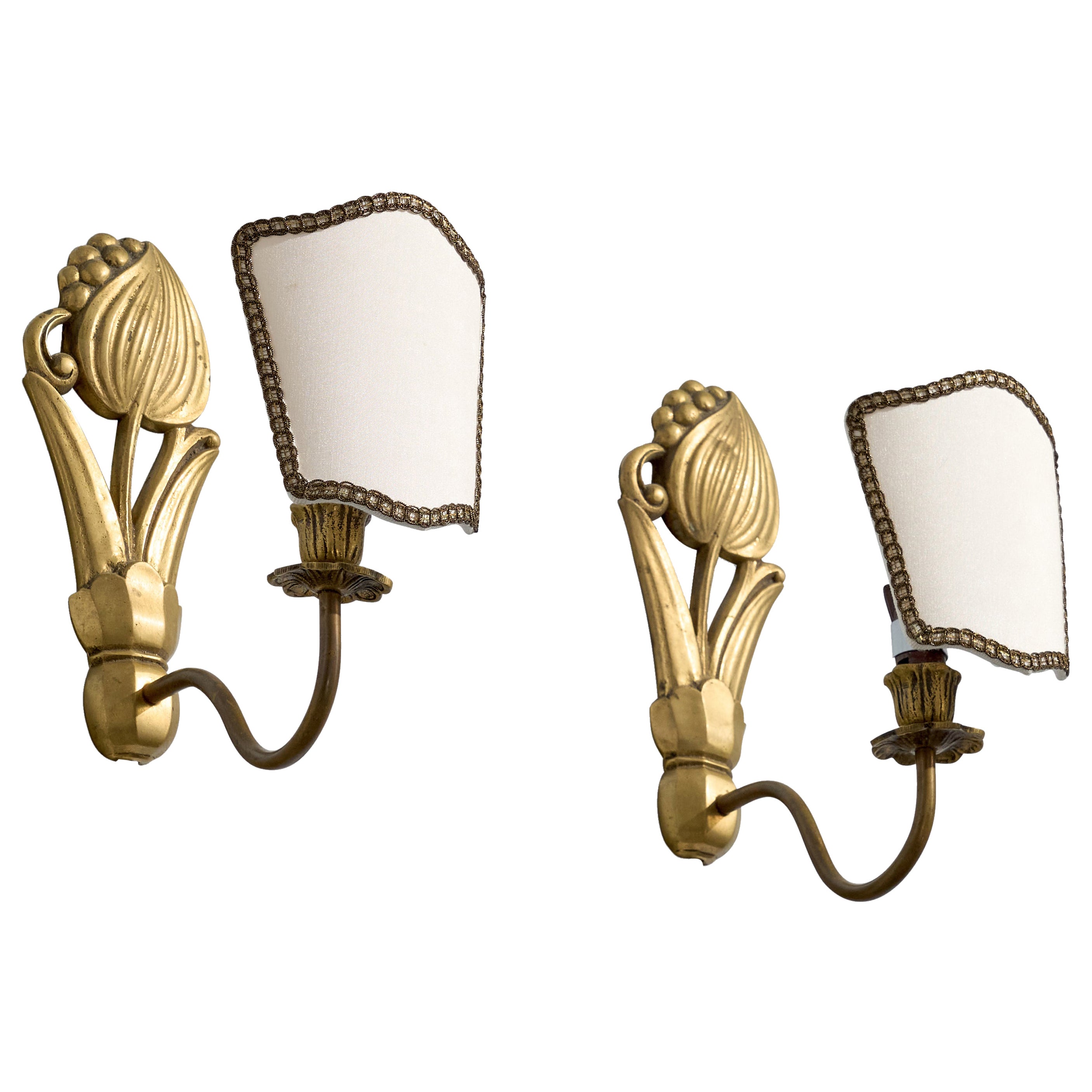 French Designer, Wall Lights, Brass, Fabric, France, 1950s
