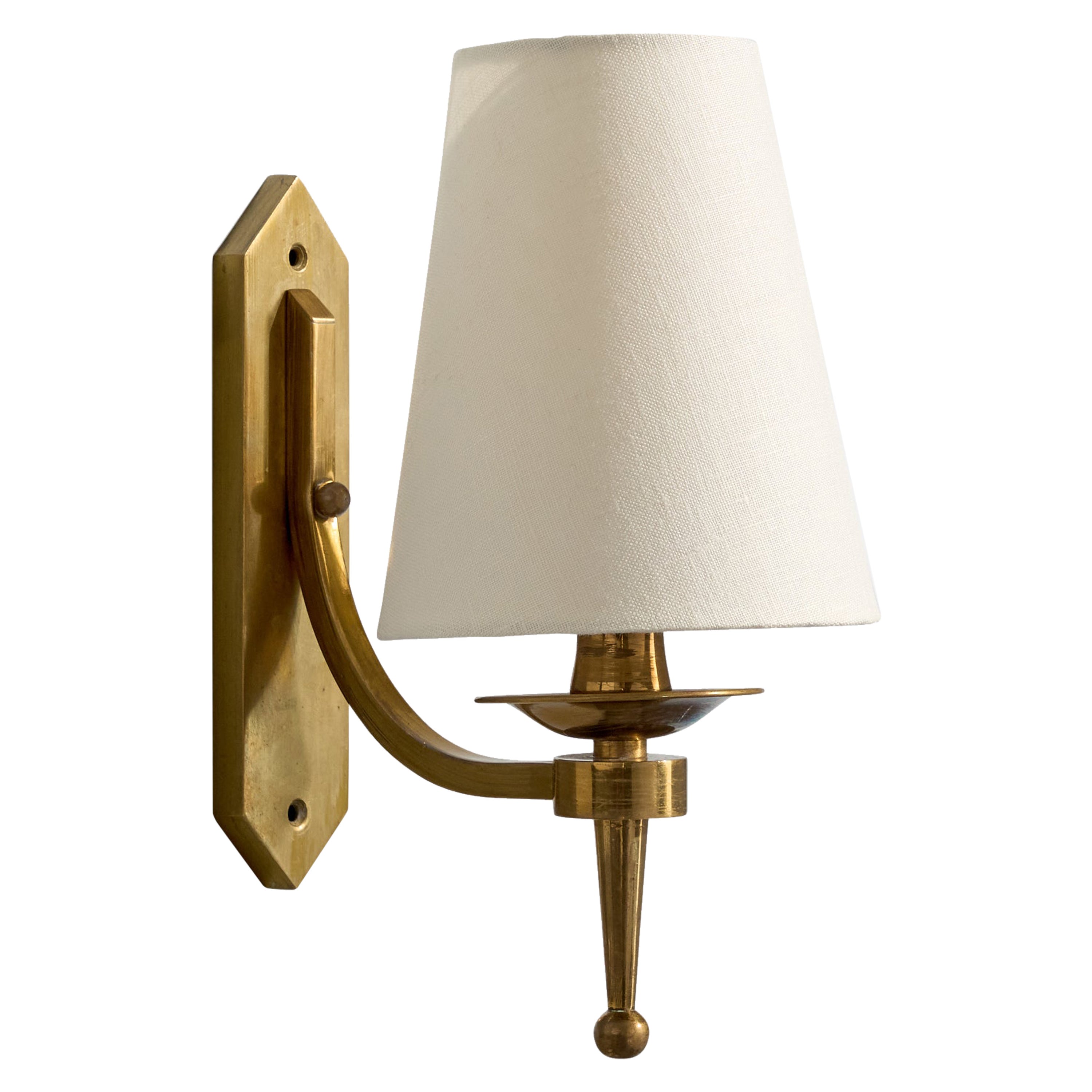 French Designer, Wall Light, Brass, Fabric, France, 1940s For Sale