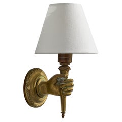 Französische Designerin, Wandleuchte, Messing, Stoff, Frankreich, 1950er Jahre