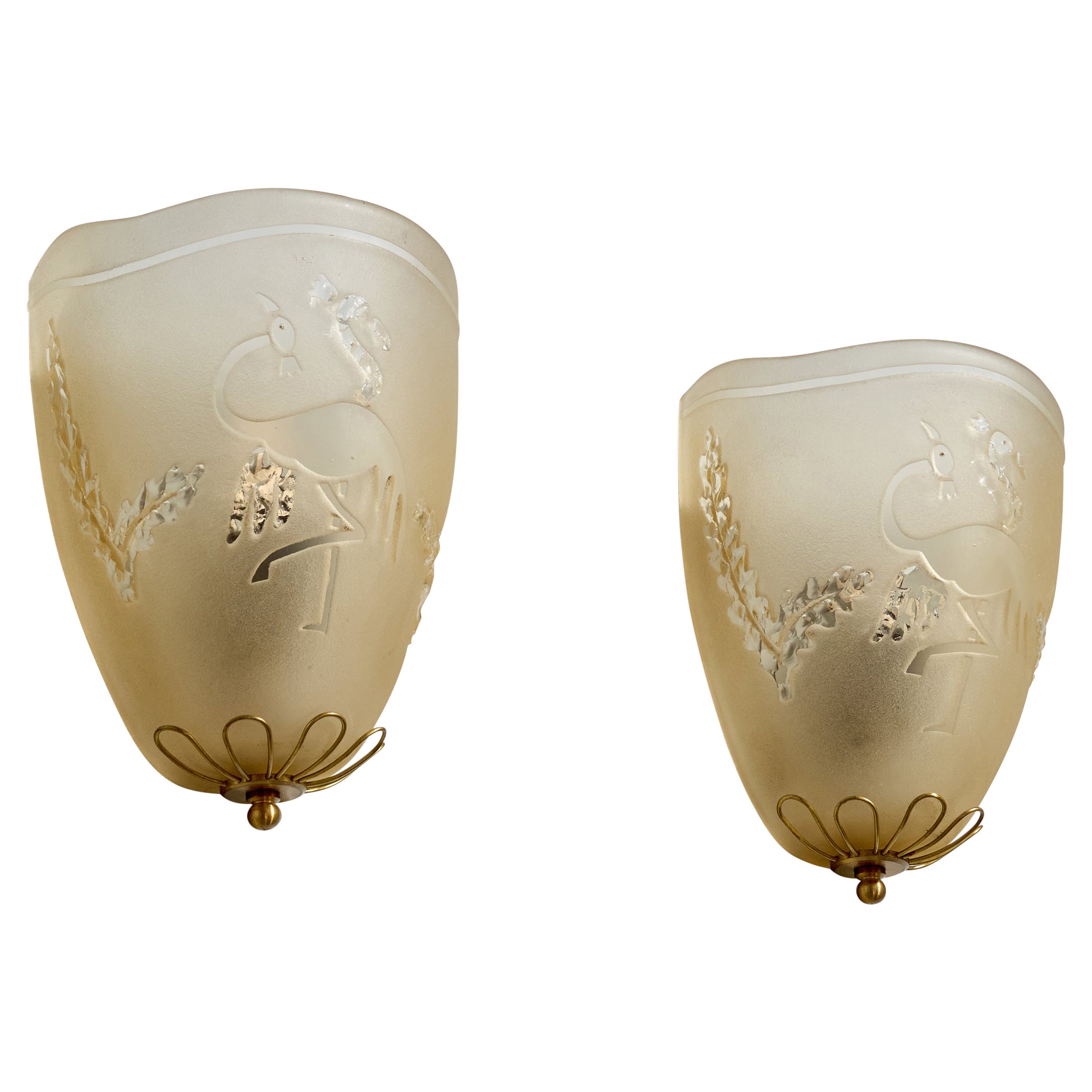 Swedish Designer, Wall Lights, Brass, Glass, Sweden, 1940s