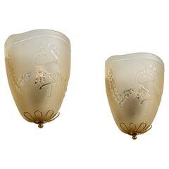 Schwedischer Designer, Wandleuchten, Messing, Glas, Schweden, 1940er Jahre