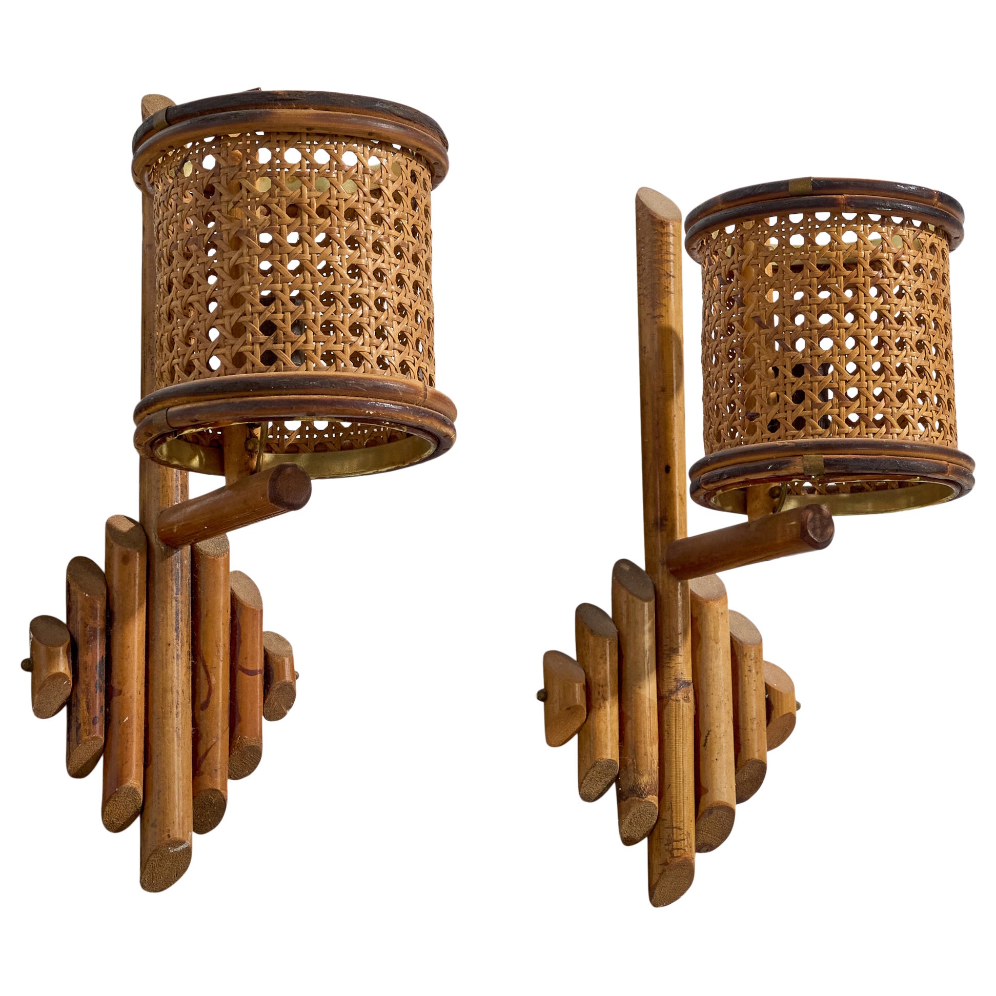 Italian Designer, Wall Lights, Bamboo, Cane, Italy, 1960s For Sale