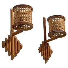 Italian Designer, Wall Lights, Bamboo, Cane, Italy, 1960s