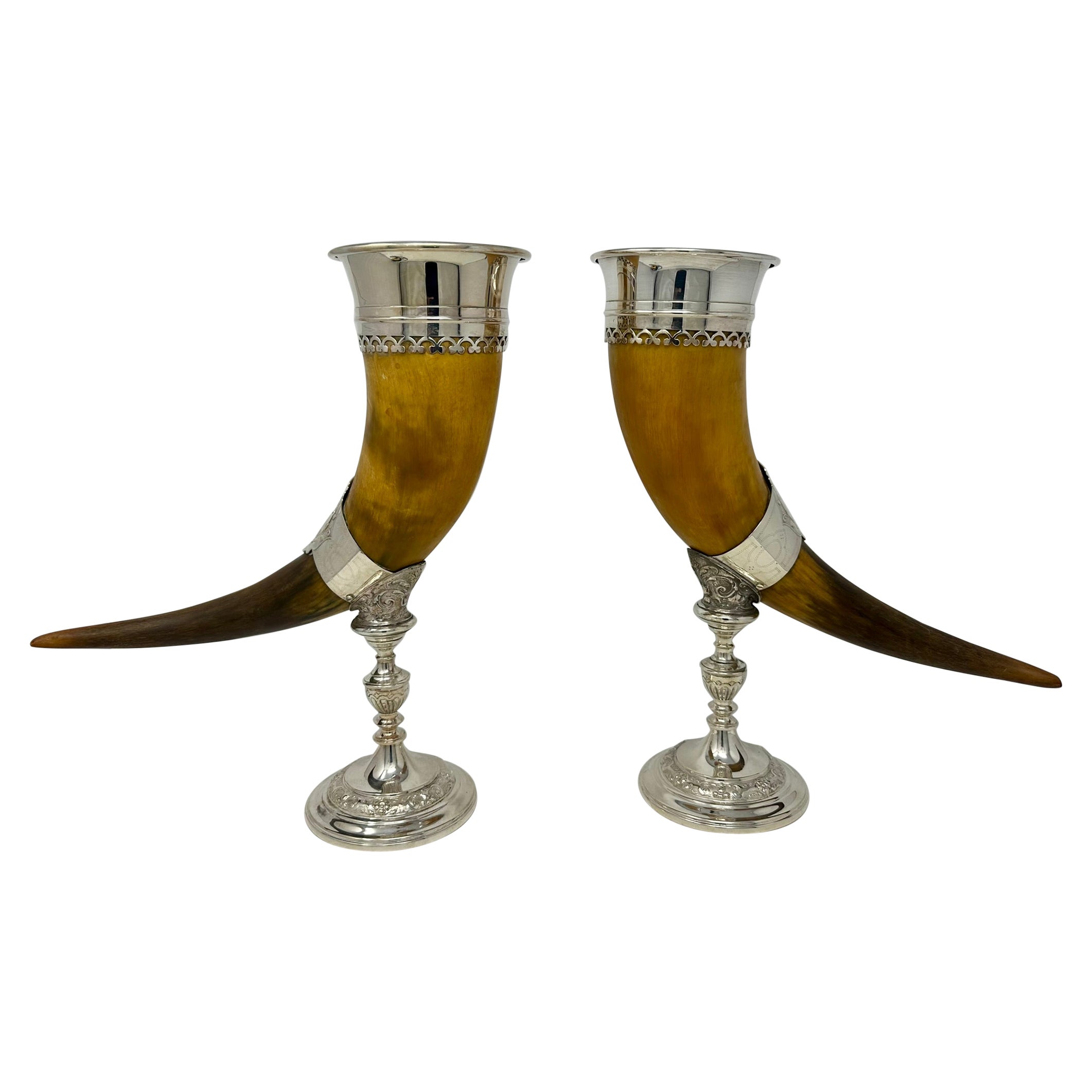 Pair Antique English Sheffield Silver Mounted Trophy Horns, Circa 1890. For Sale
