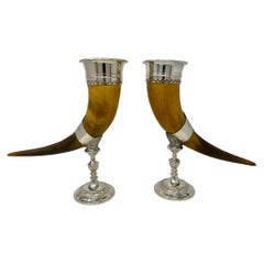 Pair Antique English Sheffield Silver Mounted Trophy Horns, Circa 1890.