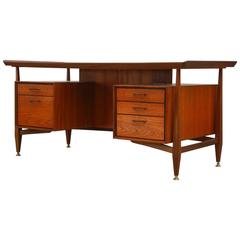 Vintage Mid-Century Teak Executive Desk with Floating Top and Bookcases