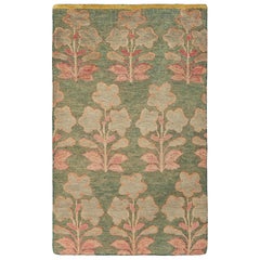 Rug & Kilim's Block Print Custom Rug Sample, Teal Green with Pink Floral Pattern (échantillon de tapis personnalisé, vert sarcelle et motif floral rose)