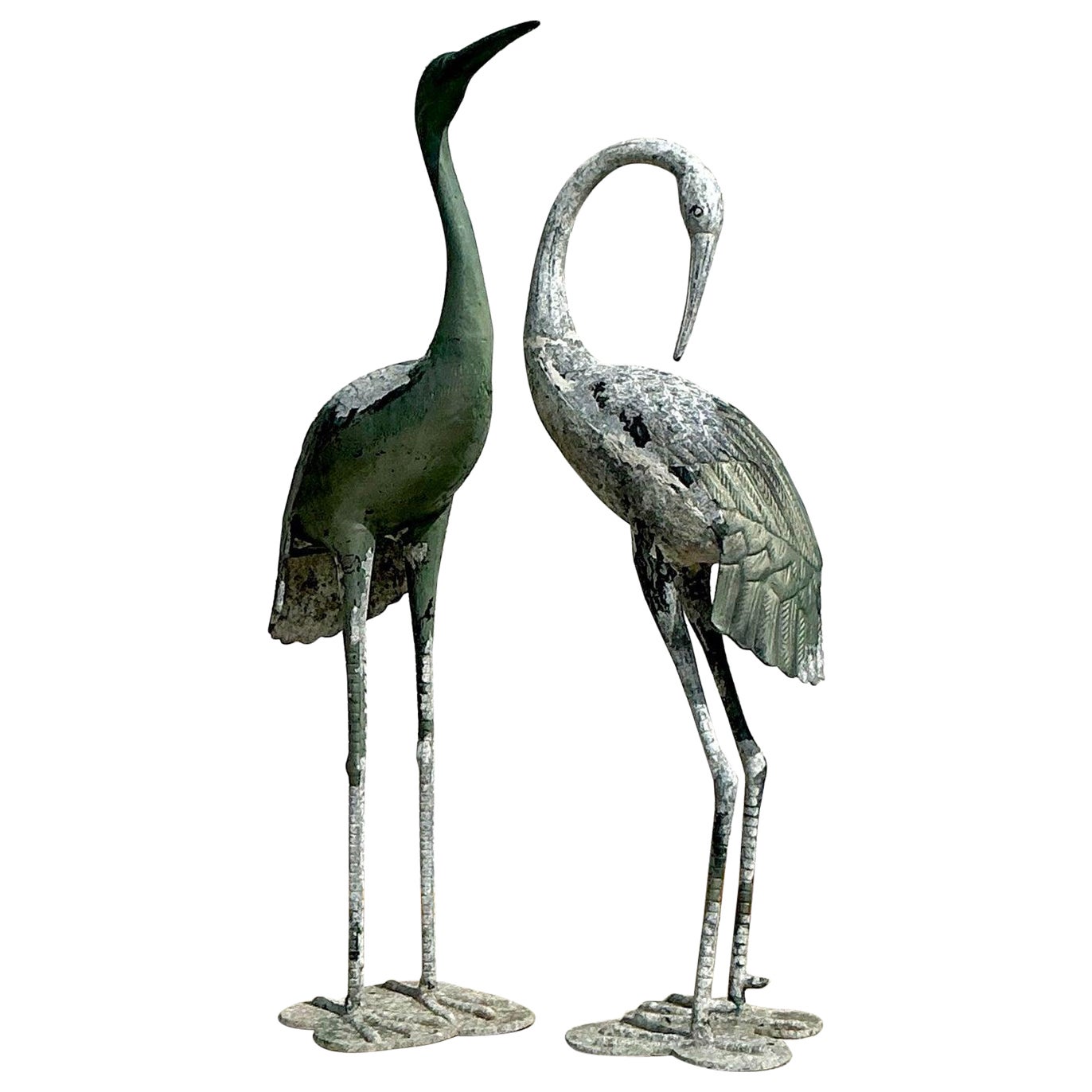 Vintage Coastal Patinated Metal Cranes - Set of 2