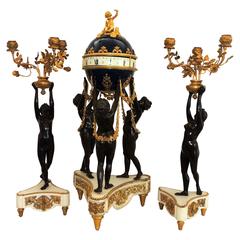 Exceptional French Three-Piece Rotary Mystery Clock Set Maiden Candelabra Suite 10