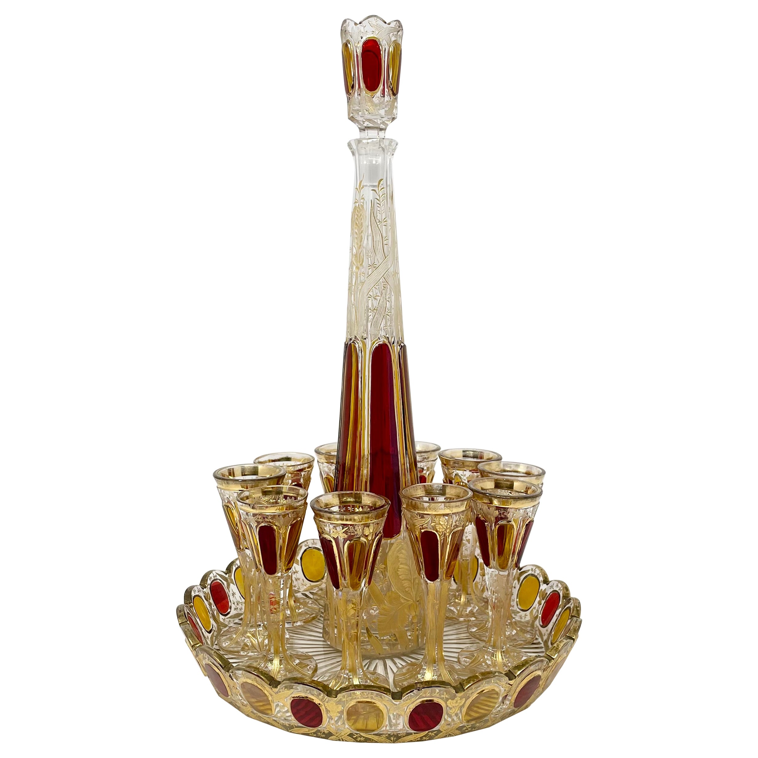 Antique European Cut Crystal Ruby Glass Decanter, 10 Cordials & Tray, Circa 1920