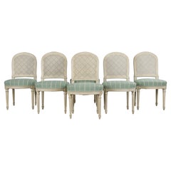 Sedie da pranzo francesi con schienale a canne dipinte in stile Louis Cane con lino color menta - Set di 6