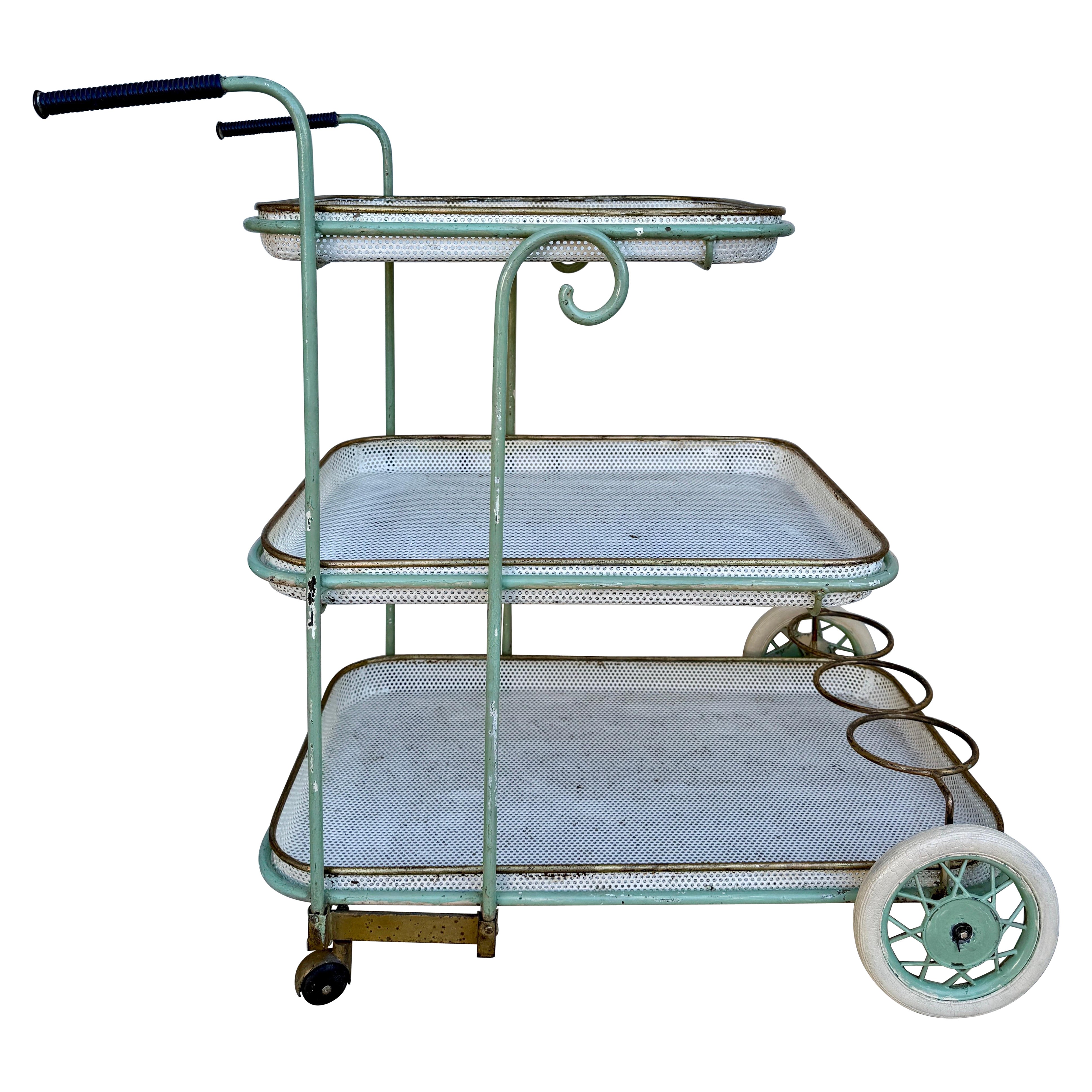 Carrito de bar francés vintage de malla perforada de tres pisos, estilo Mategot