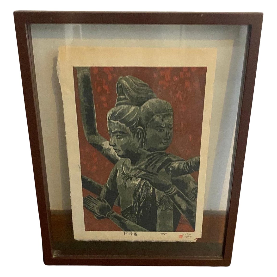 Shiro Kasamatsu Impresión xilográfica japonesa firmada Deidad de tres cabezas Templo de Ashura