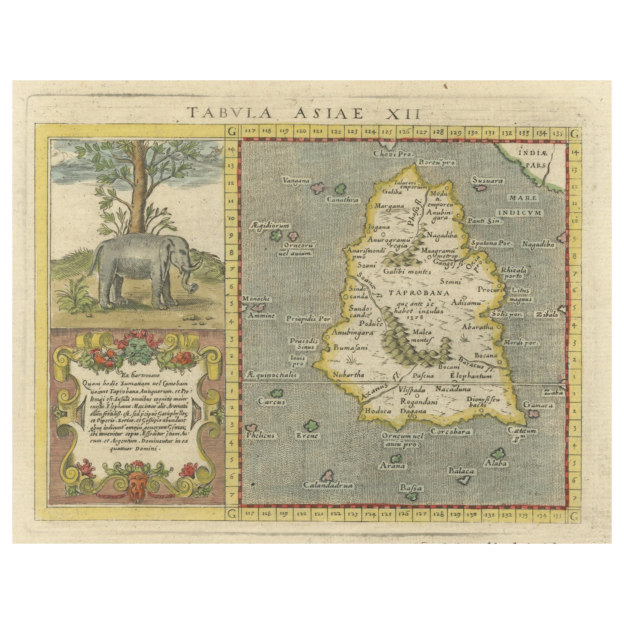 1621 Ptolemy & Magini Map of Taprobana (Sumatra) with Elephant Inset