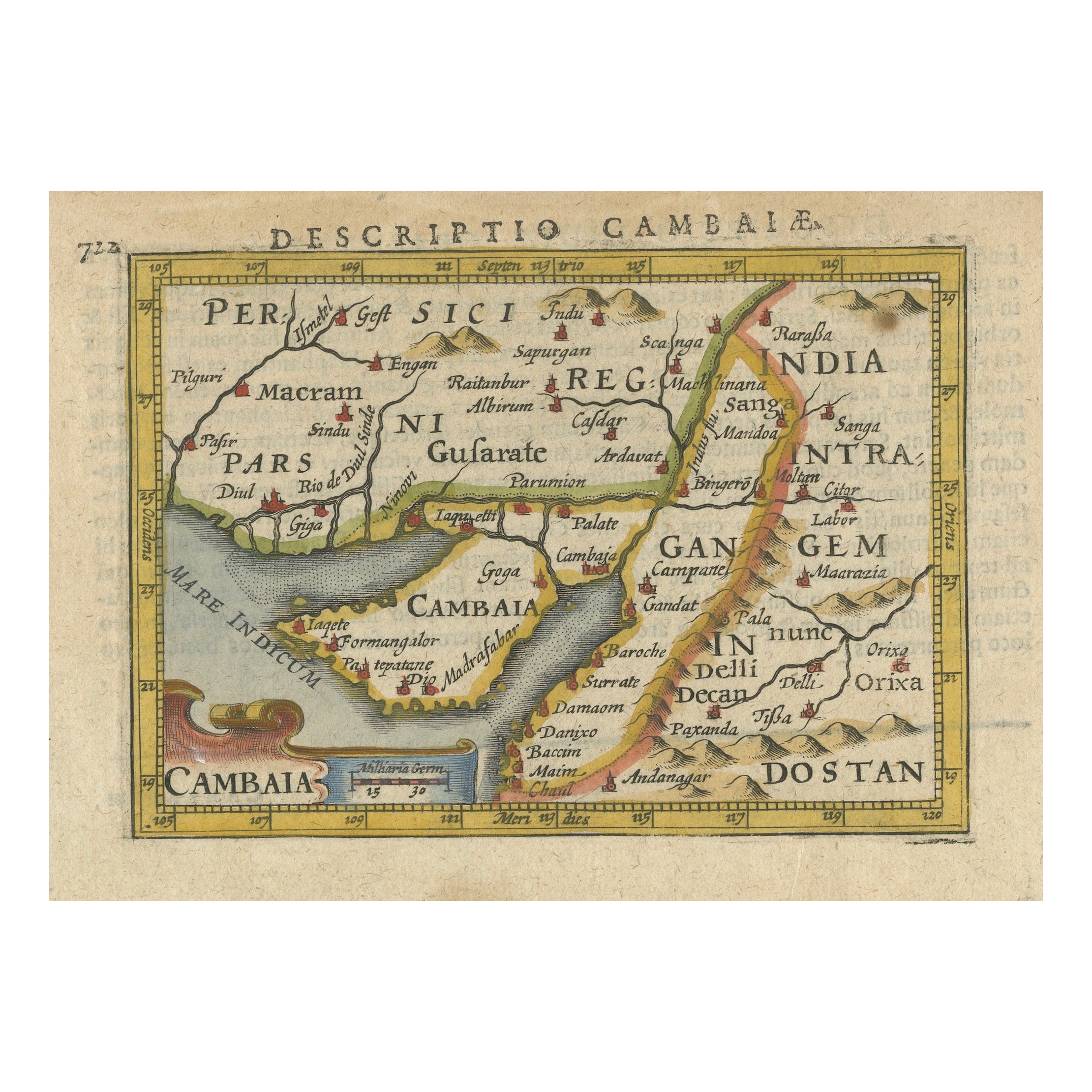 1616 Petrus Bertius Mappa in miniatura di Cambay (Gujarat, India)