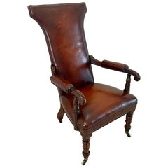 Unusual Antique Quality William IV Leather and Mahogany Library Chair