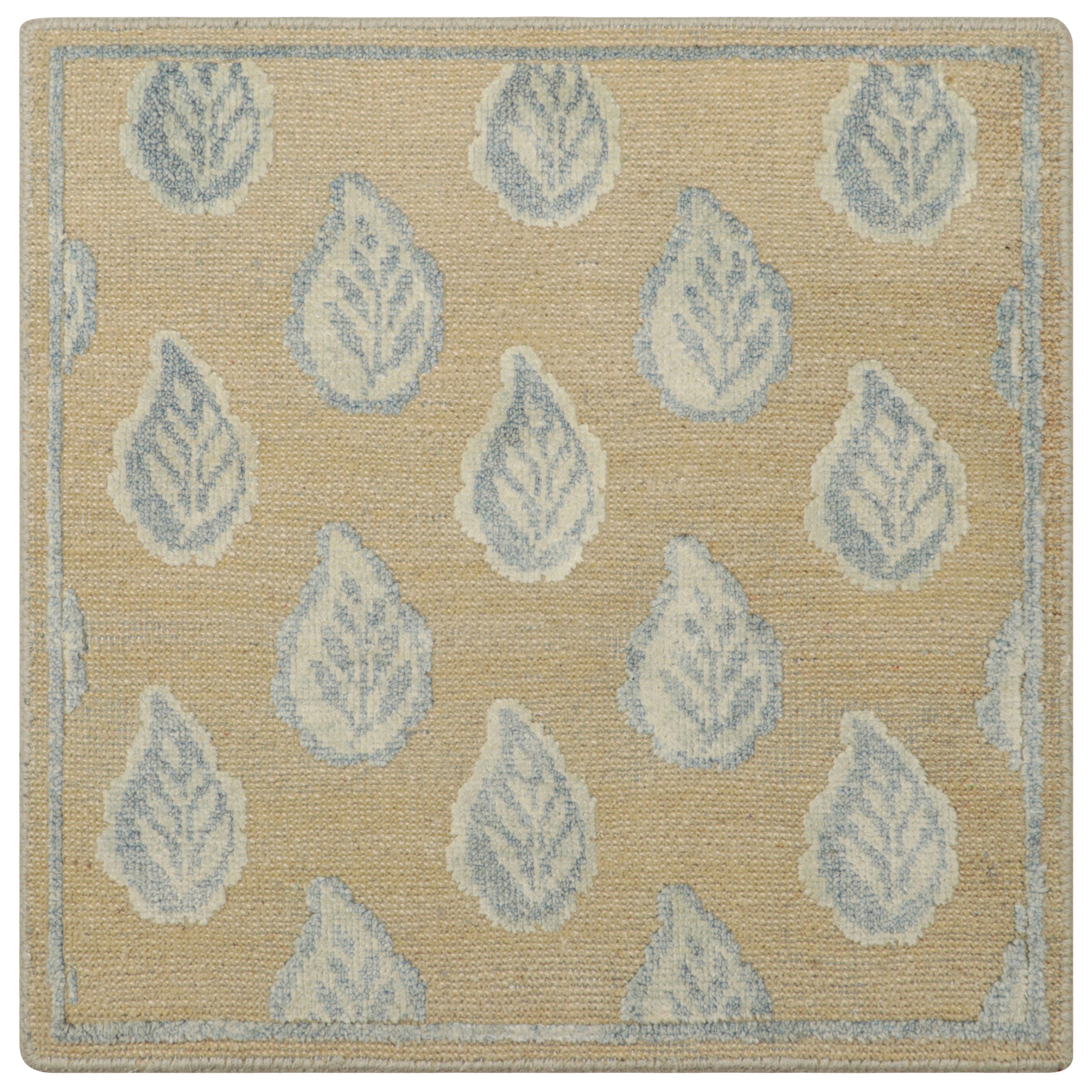 Rug & Kilim’s Block Print Custom Rug Sample, Beige with Blue Floral Patterns