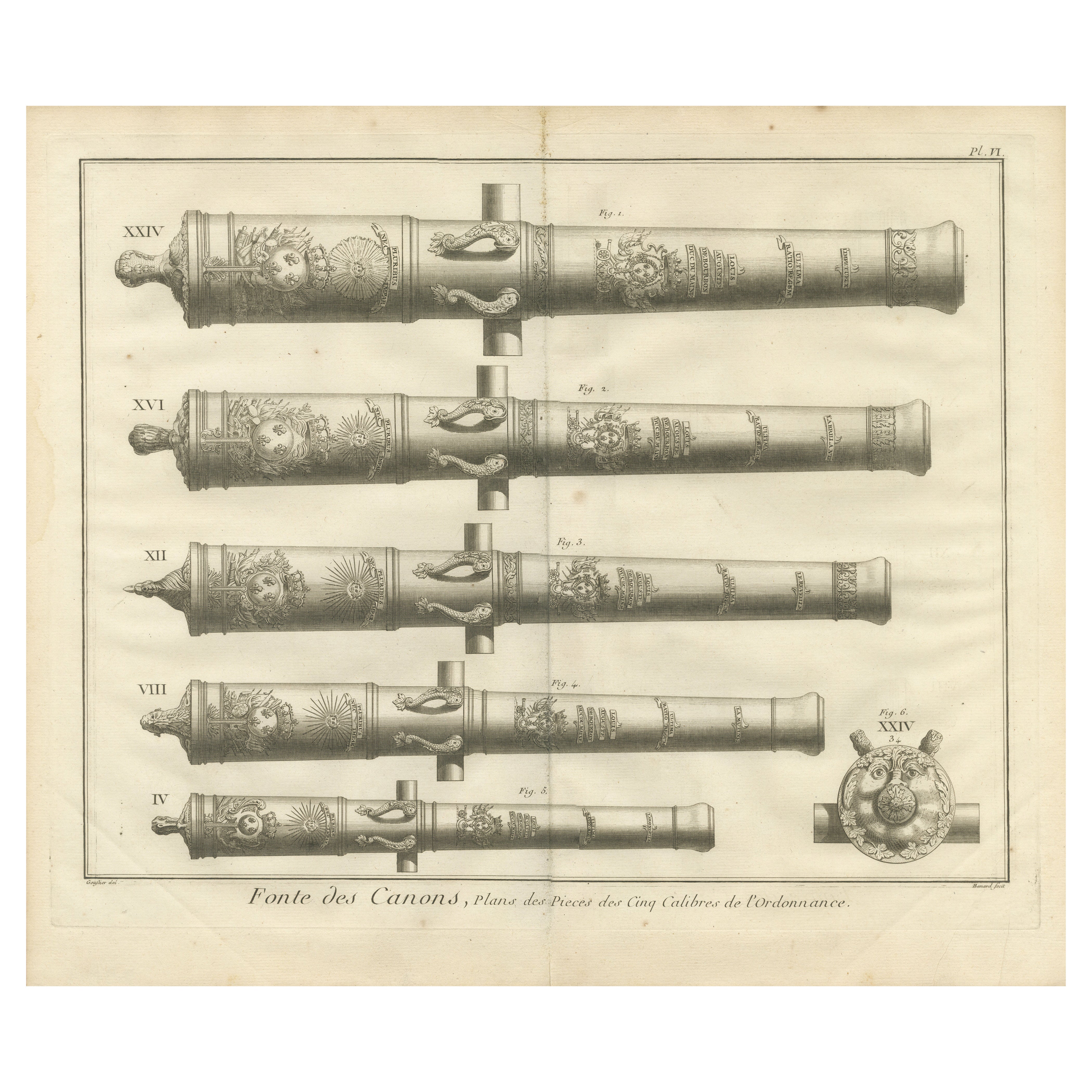 18th Century Engraving of Ornate French Cannons, circa 1770 For Sale