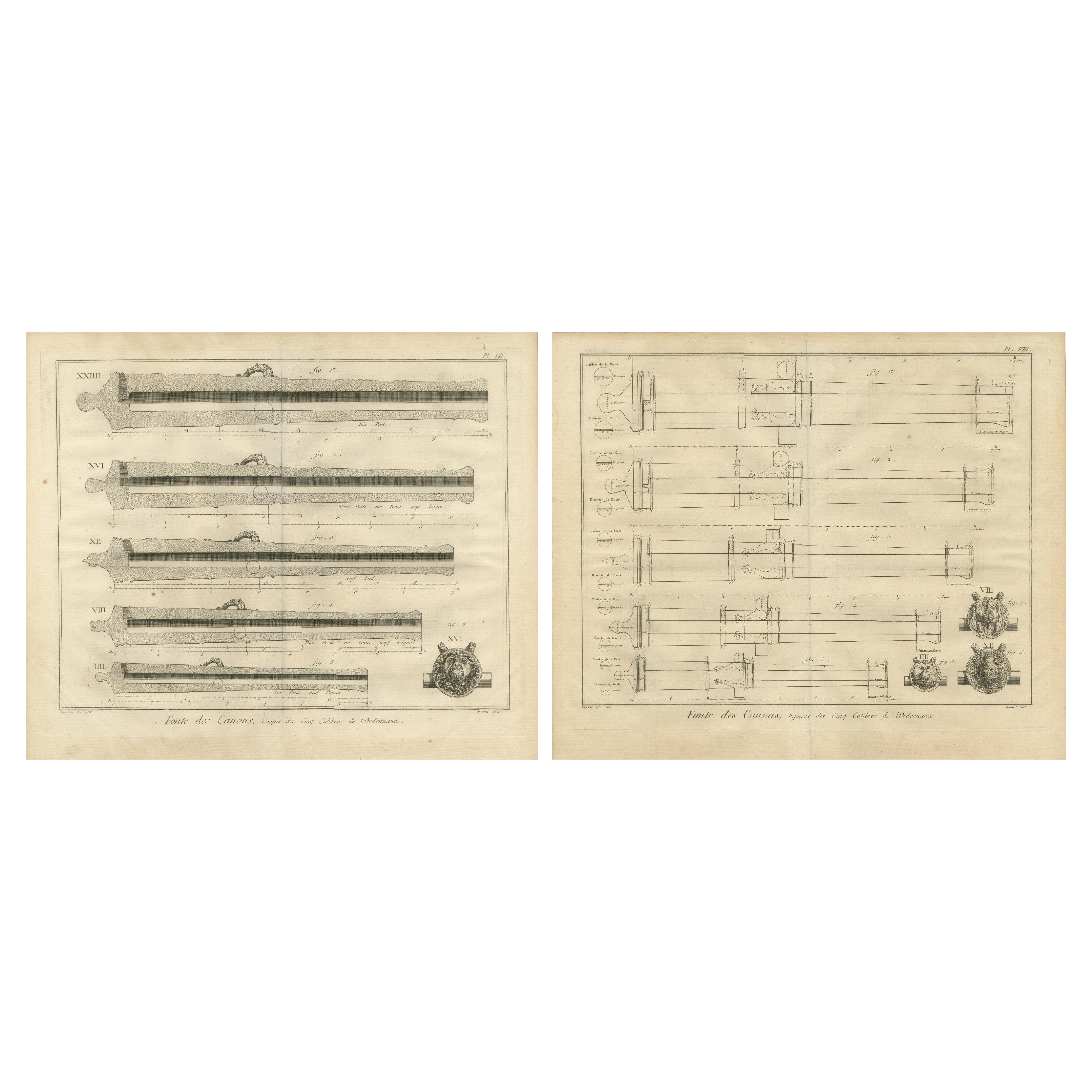 Antique 18th Century Engraving of Cannon Designs and Cross-Sections from Diderot